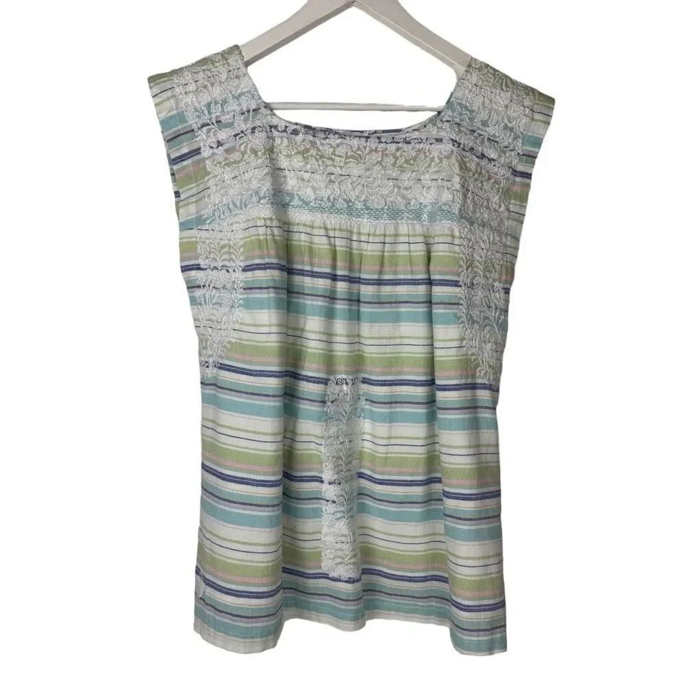 J. Marie Stripe embroidered Top size Medium Green Blue White